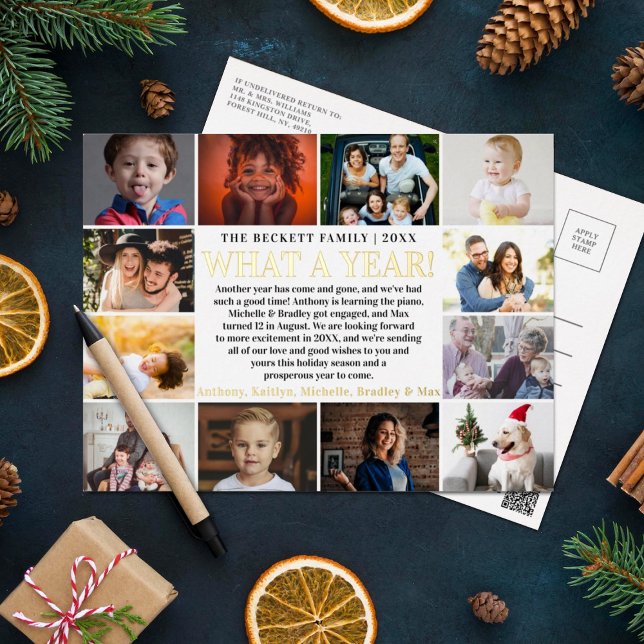 Modern What A Year In Review 12 Photo Collage Real Foil Holiday Postcard (Creator Uploaded)