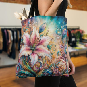 Modern Whimsical Art Nouveau Lily Tote Bag