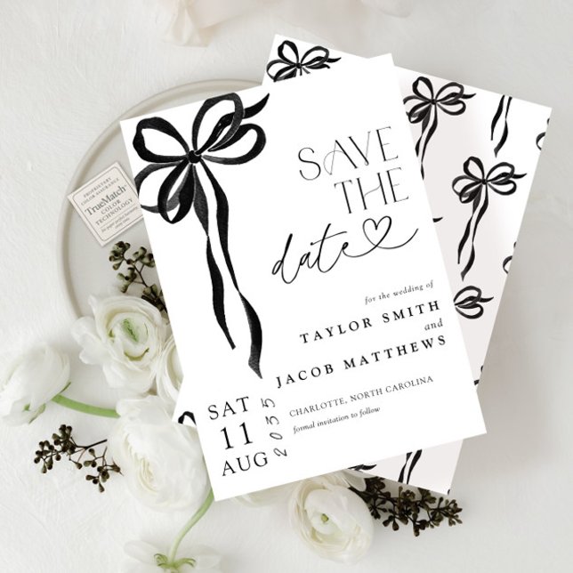 Modern Whimsical Black Bow Script Save the Date Invitation (Creator Uploaded)