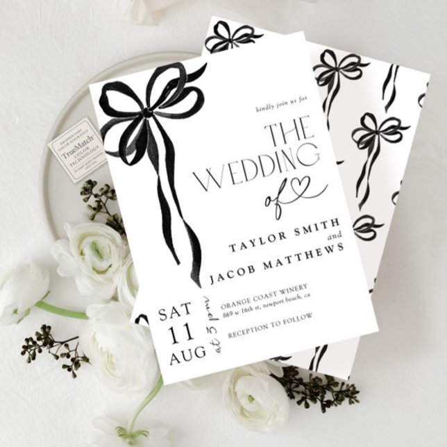 Modern Whimsical Black Bow Watercolor Wedding Invitation (Creator Uploaded)