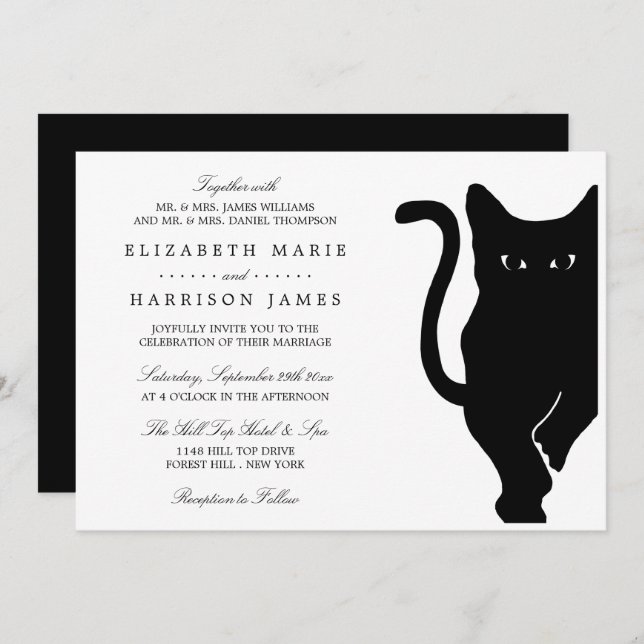 Modern Whimsical Black Cat Wedding Invitation (Front/Back)