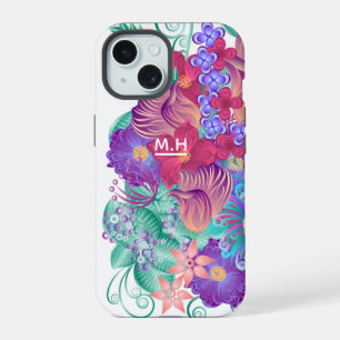 Modern Whimsical Botanical Art Monogram iPhone 15 Case