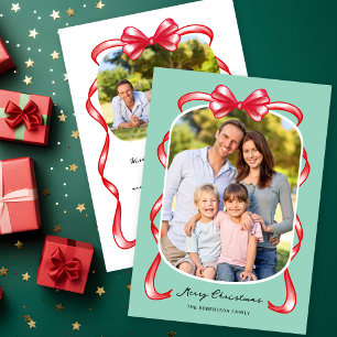 Modern Whimsical Bow Curved 2 Photo Christmas Holiday Card