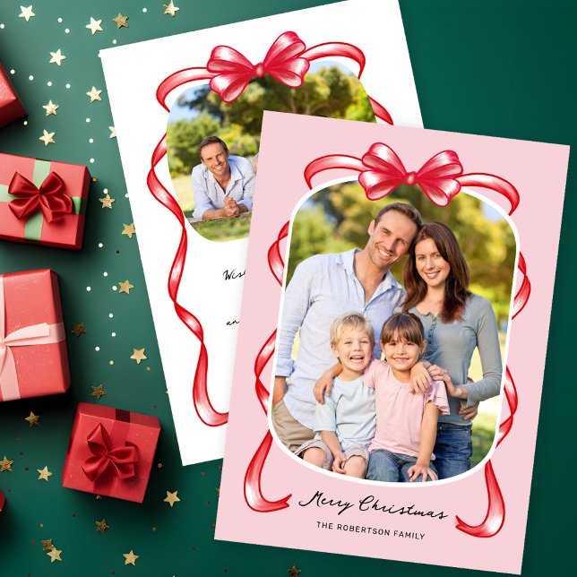 Modern Whimsical Bow Curved 2 Photo Christmas Holiday Card (Creator Uploaded)