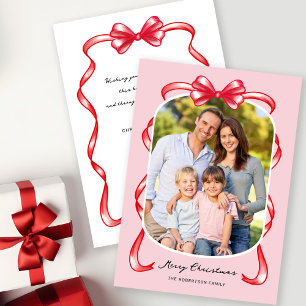 Modern Whimsical Bow Curved Photo Christmas Holiday Card