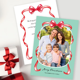Modern Whimsical Bow Curved Photo Christmas Holiday Card
