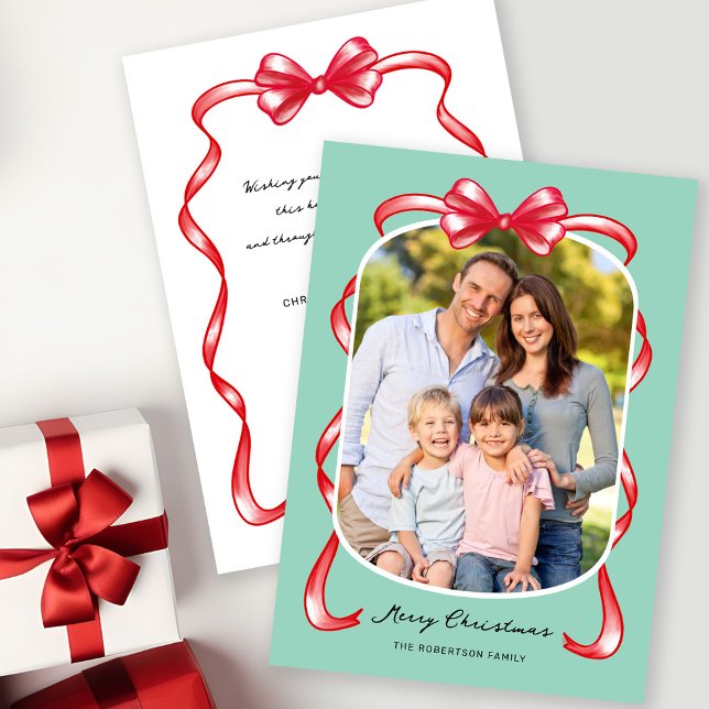 Modern Whimsical Bow Curved Photo Christmas Holiday Card (Creator Uploaded)