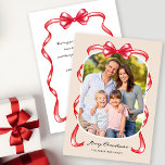 Modern Whimsical Bow Curved Photo Christmas Holiday Card<br><div class="desc">This whimsical Christmas photo card showcases a curved picture,  elegantly adorned with a charming red bow and ribbon on light tan background. The back offers space for custom text,  allowing you to add a personal touch to your message.</div>