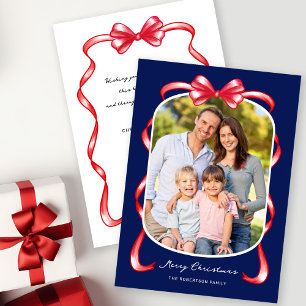 Modern Whimsical Bow Curved Photo Christmas Holiday Card