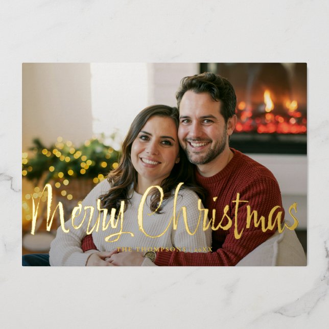 Modern Whimsical Brushed Script Photo Christmas (Front)