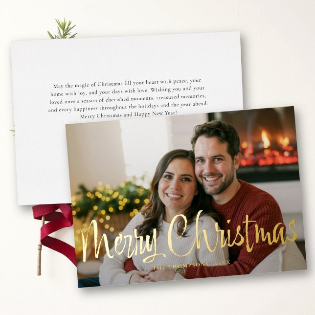 Modern Whimsical Brushed Script Photo Christmas (family christmas card photo front gold foil overlay modern calligraphy elegant simple classic)