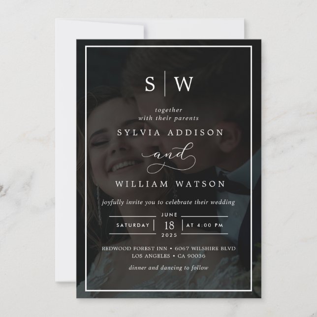 Modern Whimsical Calligraphy Overlay Photo Wedding Invitation (Front)