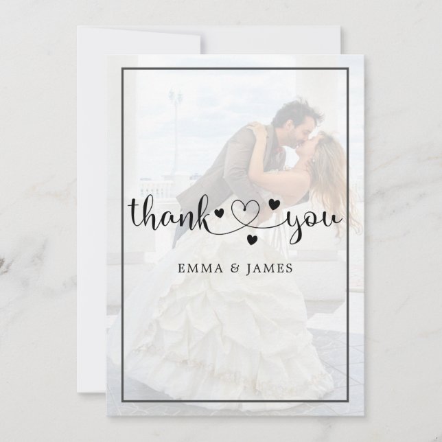 Modern Whimsical Calligraphy Overlay Photo Wedding Thank You Card (Front)