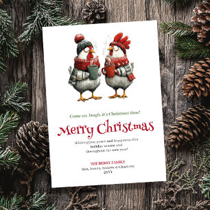 Modern whimsical chickens Christmas greeting card