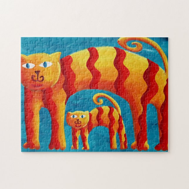 Modern Whimsical Colourful Curved Cat and Kitten  Jigsaw Puzzle (Horizontal)