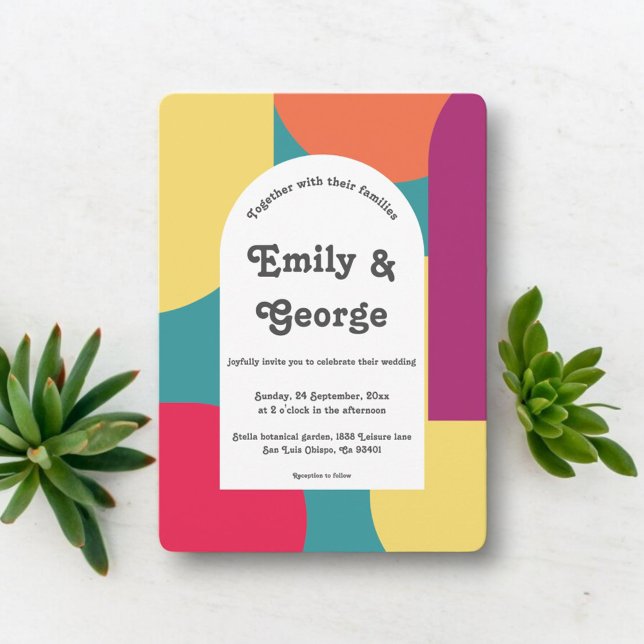 Modern Whimsical Colourful Groovy Abstract Wedding Invitation (Creator Uploaded)