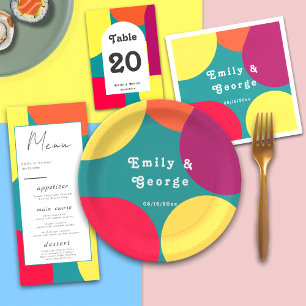 Modern Whimsical Colourful Groovy Abstract Wedding Paper Plate