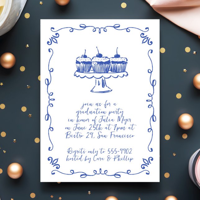 Modern Whimsical Cupcake Doodle Graduation Party Invitation (Creator Uploaded)
