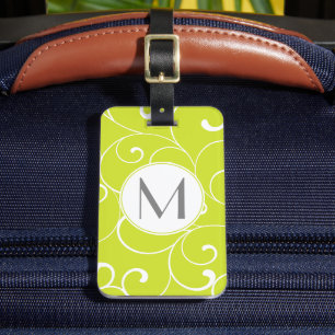 Modern Whimsical Curls Lime Green Monogram Luggage Tag