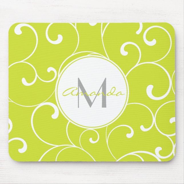Modern Whimsical Curls Lime Green Monogram Mouse Pad (Front)
