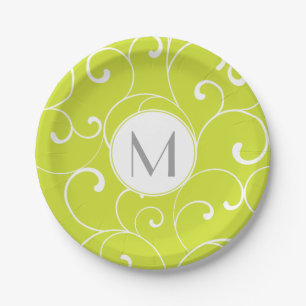 Modern Whimsical Curls Lime Green Monogram Paper Plate