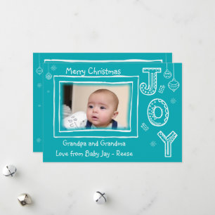 Modern Whimsical Doodles Blue Photo Christmas Card