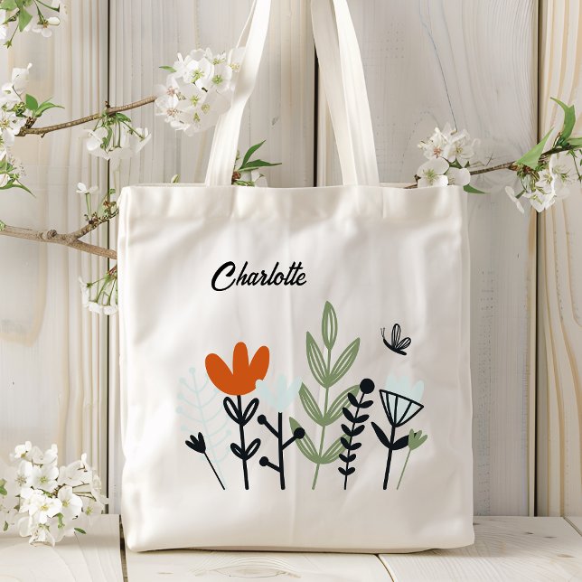 Modern Whimsical Floral Personalised Name Tote Bag (Creator Uploaded)