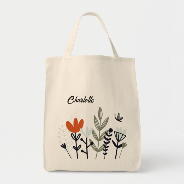 Modern Whimsical Floral Personalised Name Tote Bag (Front)