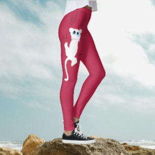 Modern Whimsical Fun Red White Cat Mum Cartoon  Leggings