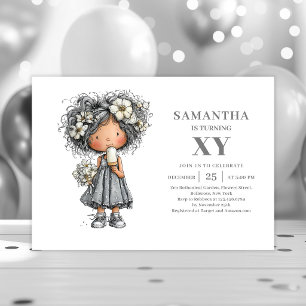 Modern Whimsical Girl Birthday Gold Black invite