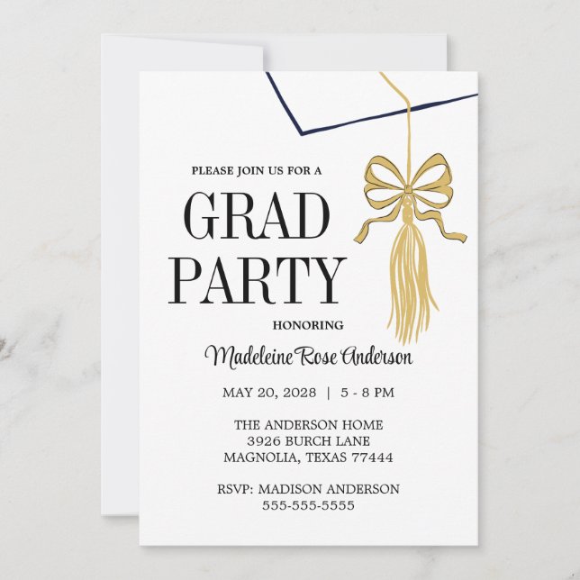 Modern Whimsical Gold Black Graduation Cap Invitation (Front)
