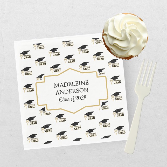 Modern Whimsical Gold Black Graduation Cap Napkin (Creator Uploaded)