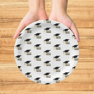Modern Whimsical Gold Black Graduation Cap Paper Plate