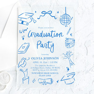 Modern Whimsical Hand Drawn Blue Graduation Party Acrylic Invitations