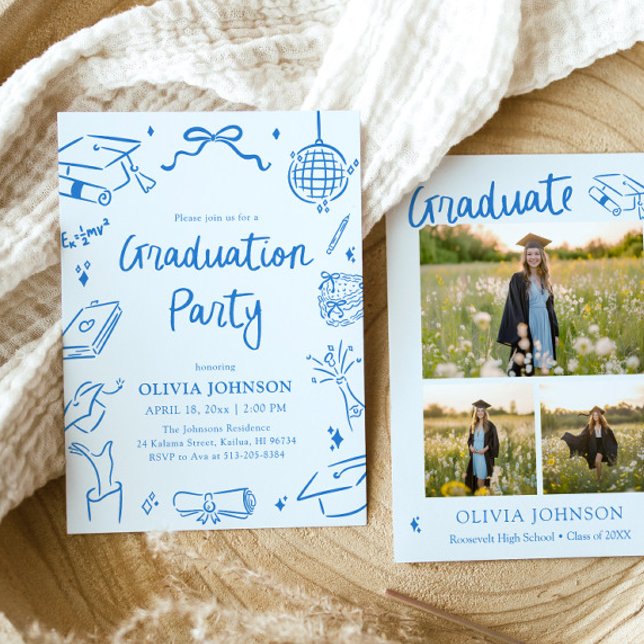 Modern Whimsical Hand Drawn Blue Graduation Party Invitation (Modern Whimsical Hand Drawn Blue Graduation Party Invitation)