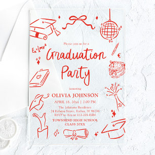 Modern Whimsical Hand Drawn Bow Graduation Party Acrylic Invitations