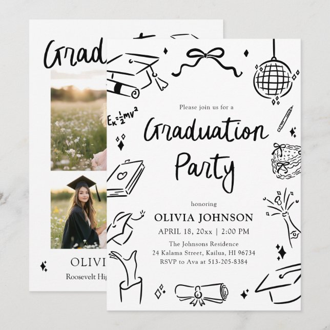 Modern Whimsical Hand Drawn Bow Graduation Party I Invitation (Front/Back)