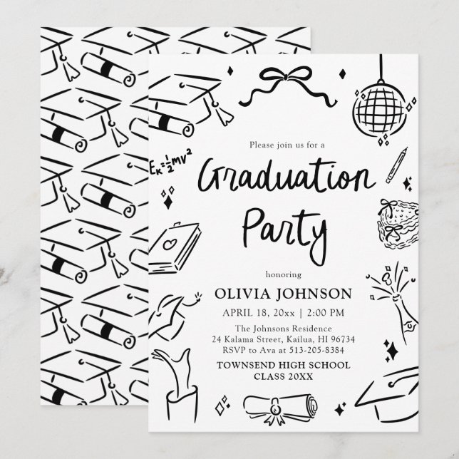Modern Whimsical Hand Drawn Bow Graduation Party Invitation (Front/Back)