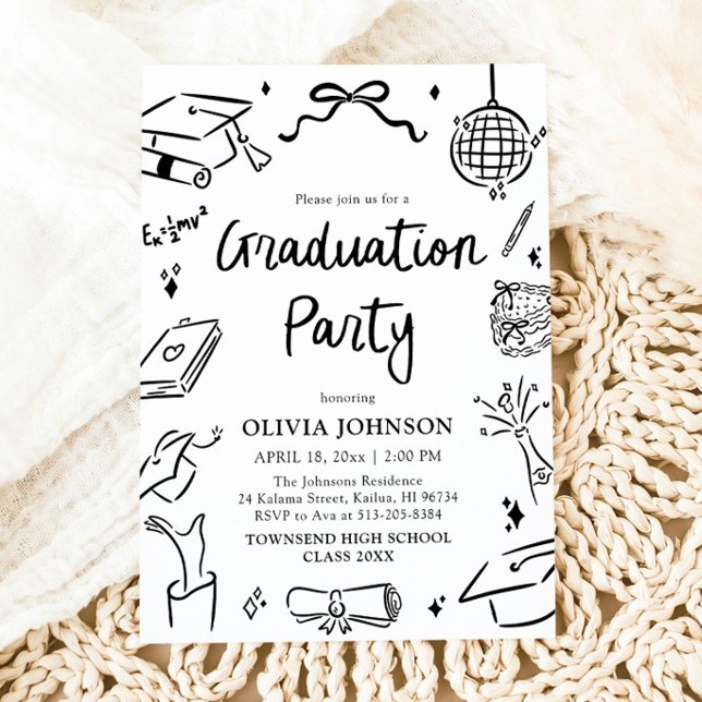 Modern Whimsical Hand Drawn Bow Graduation Party Invitation (Modern Whimsical Hand Drawn Bow Graduation Party Invitation)