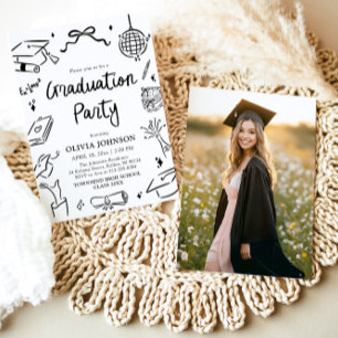 Modern Whimsical Hand Drawn Bow Graduation Party Invitation