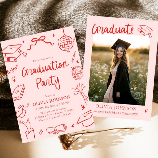 Modern Whimsical Hand Drawn Bow Graduation Party Invitation (Modern Whimsical Hand Drawn Bow Graduation Party Invitation)