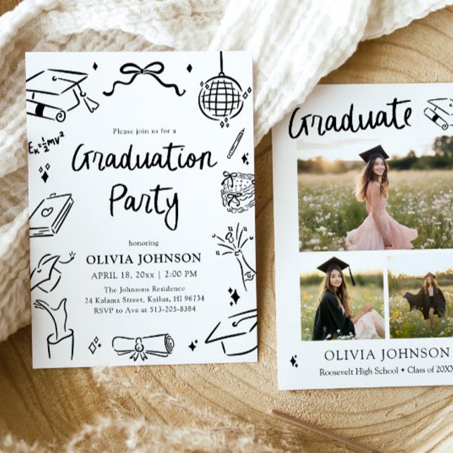 Modern Whimsical Hand Drawn Bow Graduation Party  Invitation (Modern Whimsical Hand Drawn Bow Graduation Party Invitation)