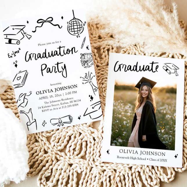 Modern Whimsical Hand Drawn Bow Graduation Party Invitation (Modern Whimsical Hand Drawn Bow Graduation Party Invitation)