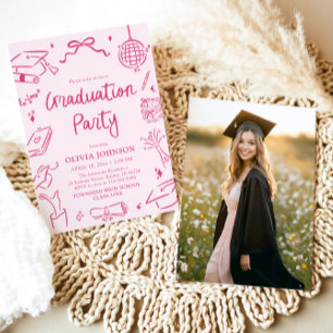 Modern Whimsical Hand Drawn Pink Graduation Party Invitation