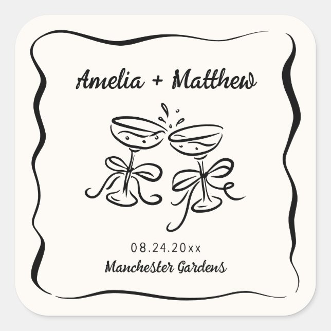 Modern & Whimsical Hand Drawn Wedding Square Sticker (Front)