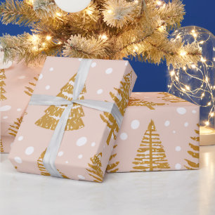 modern whimsical holidays trees gold pink pattern wrapping paper