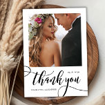 Modern Whimsical Huge Gold Script 2 Photo Wedding  Thank You Card<br><div class="desc">Modern Whimsical Boho Huge Gold Calligraphy Script 2 Photo Wedding Thank You Card. Stylish Chic wedding thank you template featuring a full vertical photo on the front with the text "Thank You" in a whimsical swirly hand lettering typography swash tail brush font script in black and white. At the reverse...</div>