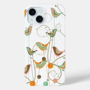 Modern Whimsical Orange Aqua Summer Birds Swirls iPhone 15 Case