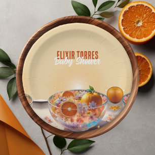 Modern Whimsical Orange Citrus Photo Baby Shower Paper Plate