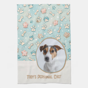 Modern Whimsical Personalised Dog Paw Pattern Tea Towel